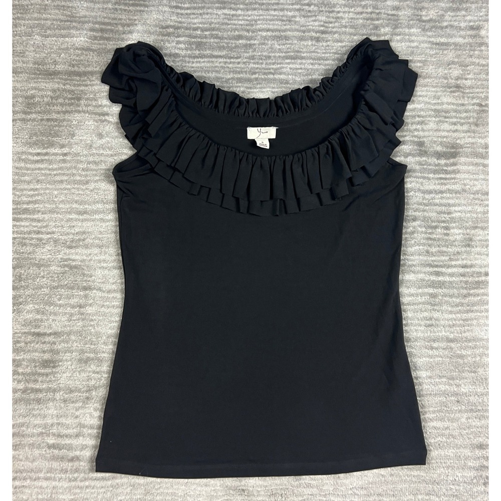 Yvos Top Women S Black Ruffle Scoop Neck Sleeveless Stretch Jersey Romantic Chic